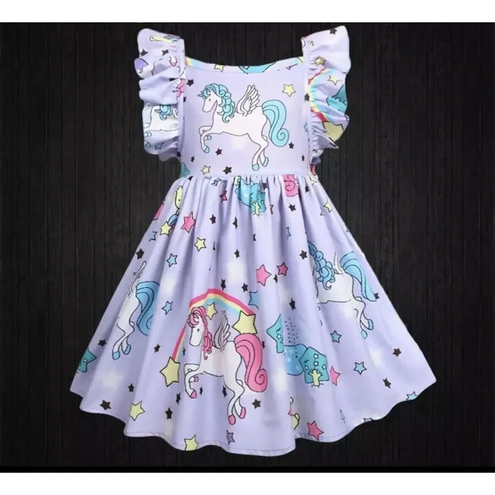 Los Angeles Boutique Girls Unicorn Rainbow Purple Ruffle Tie Back Dress NEW 6